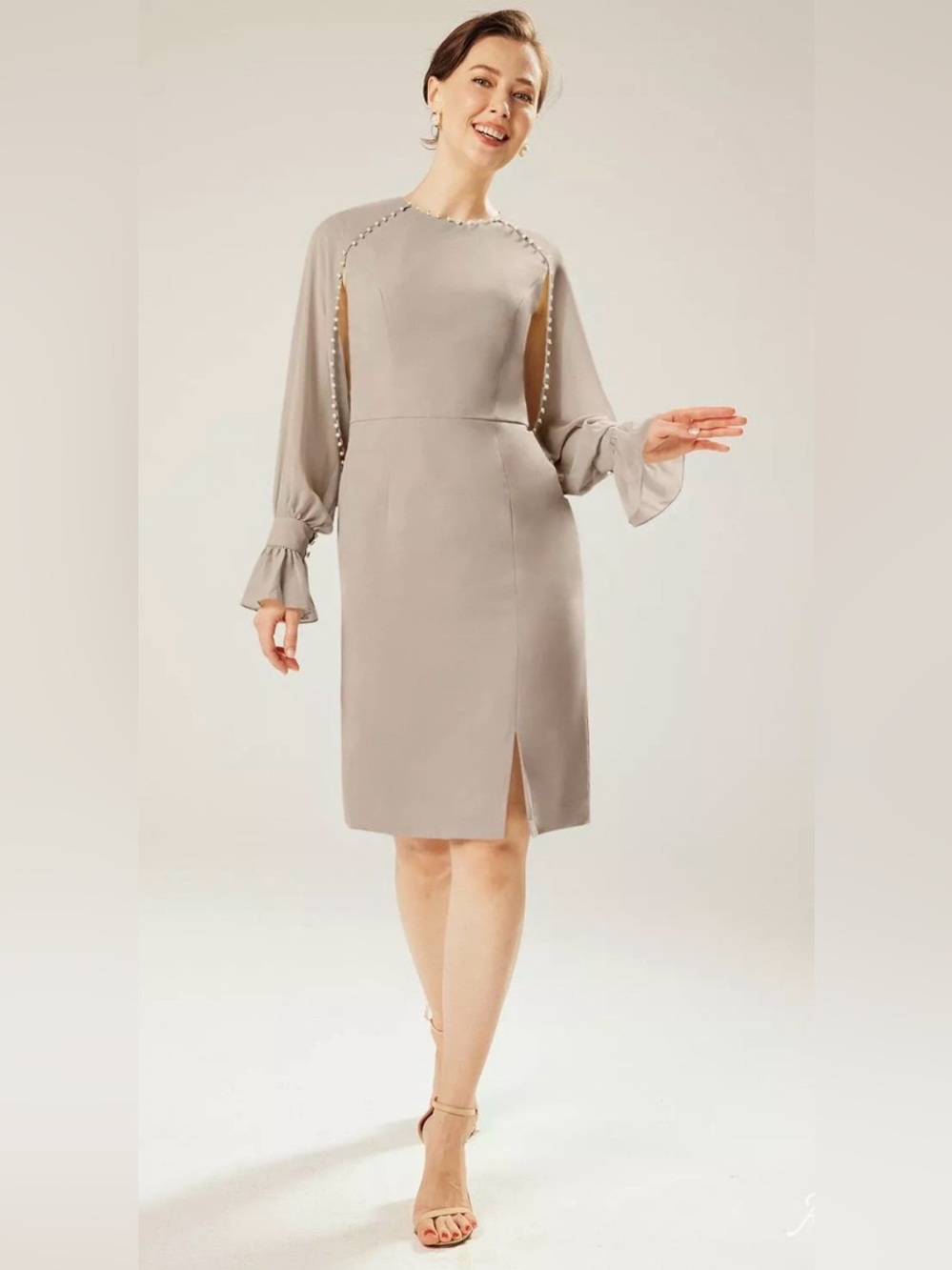 AW Bridal PAEONY Elegant Taupe Sheath Dress with Pearl-Trim Cape Sleeves size 8